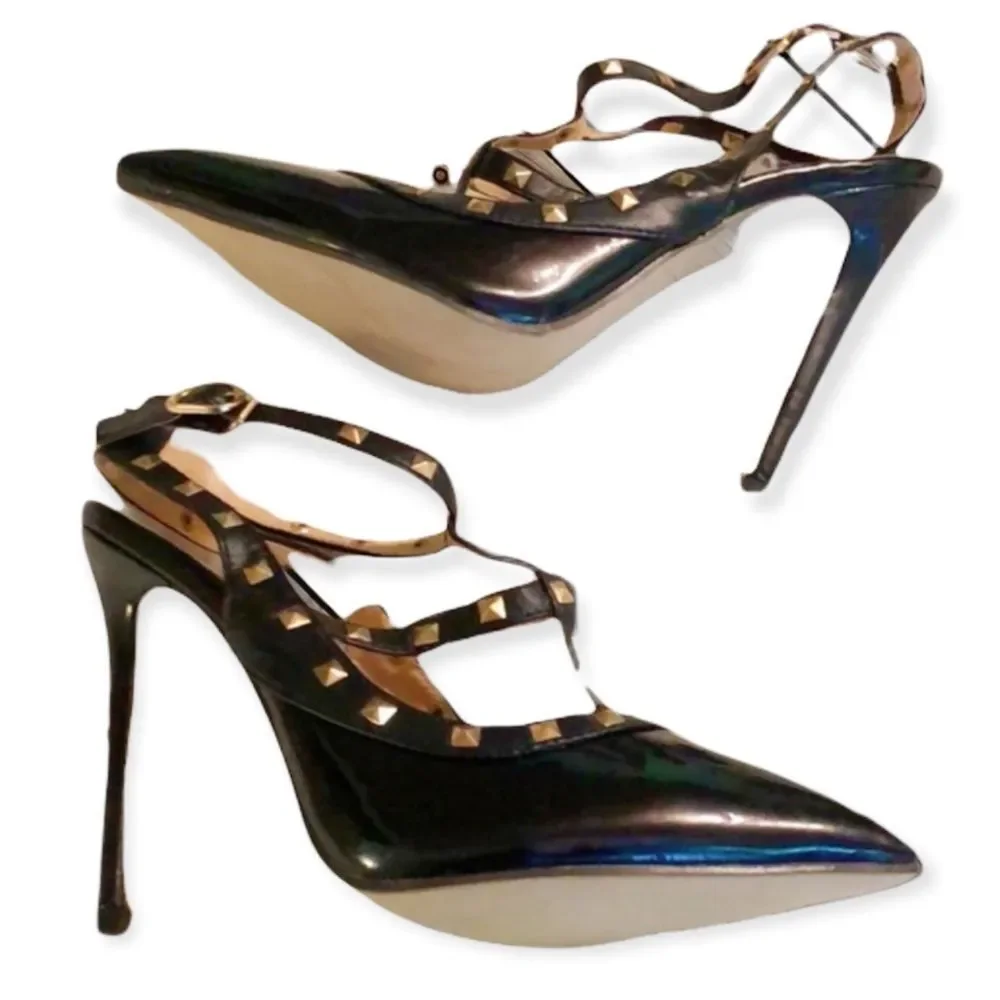 Jojo Cat Studded Glossy Black Stiletto Heels - Picture 1 of 14